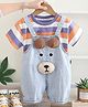 POP STREET KIDS Cotton Knit Animal Patch Detailed Dungaree With Half Sleeves Striped Tee - Orange