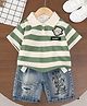 POP STREET KIDS Cotton Knit Half Sleeves Striped Smiley Patch Detailed Polo Tee & Shorts Set - Green