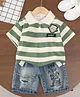 POP STREET KIDS Cotton Knit Half Sleeves Striped Smiley Patch Detailed Polo Tee & Shorts Set - Green