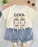 POP STREET KIDS Cotton Knit Half Sleeves Cool Text Printed Lace Applique Detailed Tee & Shorts Set - Cream
