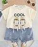 POP STREET KIDS Cotton Knit Half Sleeves Cool Text Printed Lace Applique Detailed Tee & Shorts Set - Cream