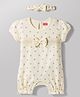 Babyhug 100% Cotton Knit Half Puffed Sleeves Polka Dot Printed Romper with Hairband & Bow Applique - Light Brown