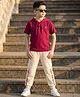 OLLINGTON ST.Cotton Popcorn Knit Half Sleeves Hooded T-Shirt & Joggers Set - Maroon
