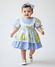 Bella Moda Cotton Woven Half Puffed Sleeves Gingham Checked Printed Lace Detailed Dress - Blue