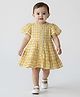 Bella Moda Cotton Woven Half Puffed Sleeves Checked & Lace Embellished Tiered Dress - Yellow