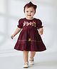 Bella Moda Cotton Woven Half Puffed Birds Embroidered Dress - Wine