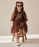 Bella Moda Net Woven Three Fourth Puffed Sleeves Floral Embroidered Dress - Brown