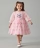Bella Moda Net Woven Three Fourth Puffed Sleeves Floral Embroidered Dress - Pink