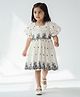Bella Moda Cotton Woven Half Puffed Sleeves Floral Embroidered Dress - Cream