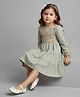 Bella Moda Cotton Woven Full Puffed Sleeves Floral Embroidered Dress - Green