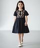 Bella Moda Cotton Woven Half Puffed Sleeves Floral Embroidered Dress - Navy Blue