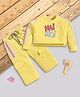 I Love Mom Cotton Lurex Knit Full Sleeves Ha Ha Text Printed Winter Sweatshirt & Pants Set - Yellow