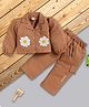 I Love Mom Cotton Lurex Knit Full Sleeve Floral Applique Detailed Top & Pant Set - Brown