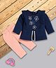 I Love Mom Cotton Lurex Knit Full Sleeves Floral Embroidered Top & Pants Set - Peach