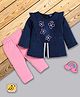 I Love Mom Cotton Lurex Knit Full Sleeves Floral Embroidered Top & Pants Set - Pink