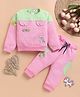 I Love Mom Cotton Lurex Knit Full Sleeves Unicorn Patch Detailed Winter Sweatshirt & Joggers Set - Pink