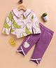 I Love Mom Cotton Lurex Knit Full Sleeves Fruits Printed Top & Pant Set - Purple
