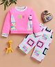I Love Mom Cotton Lurex Knit Full Sleeves Fun Text Patch Detailed Winter Sweatshirt & Pant Set - Pink