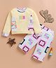 I Love Mom Cotton Lurex Knit Full Sleeves Fun Text Patch Detailed Winter Sweatshirt & Pant Set - Yellow