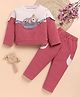 I Love Mom Cotton Lurex Knit Full Sleeves Teddy  Patch Detailed Winter Sweatshirt & Pant Set - Maroon
