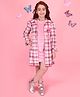 Cutecumber Chiffon Knit Solid Winter Dress With Full Sleeves Floral Applique Detailed Checked Jacket - Pink