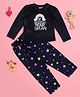 Cutecumber Fleece Knit Full Sleeves Follow Your Dream Text Printed Top & Pajama Night Suit - Navy Blue
