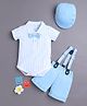 BUMZEE Cotton Knit Half Sleeves Striped Party Onesie & Shorts Set With Suspender Cap & Bow Applique - White & Light Blue