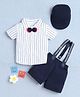 BUMZEE Cotton Knit Half Sleeves Vertical Striped Party Shirt & Shorts Set With Suspender Bow & Cap - White & Navy Blue