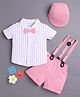 BUMZEE Cotton Knit Half Sleeves Vertical Striped Party Shirt & Shorts Set With Suspender Bow & Cap - White & Pink