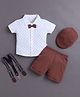 BUMZEE Cotton Knit Half Sleeves Star Printed Party Shirt & Shorts Set with Attached Bow Applique Cap & Suspender - White & Brown