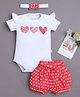 BUMZEE Cotton Knit Half Sleeves Hearts Printed Party Onesie & Shorts Set With Headband - White & Red