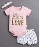 BUMZEE Cotton Knit Half Sleeves Lotus Printed Party Onesie & Shorts Set With Headband - Pink & White