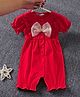 Mark & Mia Cotton Half Puffed Sleeves Solid Colour Front Open Romper with Bow Applique - Red