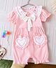 Mark & Mia Cotton Half Puffed Sleeves Solid Colour Front Open Romper with Bow Applique & Heart Design - Pink