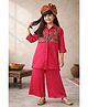 Tales & Stories Viscose Woven Full Sleeves Solid Kurta & Palazzo With Leaves Printed Jacket Set - Dark Pink