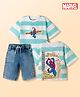 Pine Kids Marvel Terry Knit Half Sleeves T-Shirt & Denim Shorts Set With Front & Back Spider Man Print - Multicolor