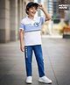 Pine Kids Disney Single Jersey Knit Half Sleeves Polo T-Shirt & Jeans Set With Mickey Mouse Graphics & Badge Detailing - Multicolor