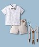 ToffyHouse Cotton Knit Half Sleeves Teddy Bear Printed Party T-Shirt & Shorts Set With Bow & Suspender - White