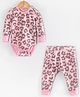 Hugsntugs Terry Knit Full Sleeves Leopard Printed Winter Onesie And Joggers Set - Pink