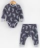 Hugsntugs Terry Knit Full Sleeves Dinosaur Printed Winter Onesie & Joggers Set - Grey