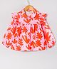 Hugsntugs Cotton Woven Full Sleeves Frill Detailed Leaves Printed Top - Red & Pink