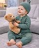 Little Surprise Box Viscose Rayon Woven Full Sleeves Cable Knit Designed Winter Wear Romper With Cap - Green