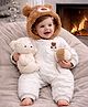 Little Surprise Box Cotton Woven Full Sleeves Bear  Embroidered Winter Wear Hooded Romper - Cream