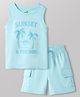 Doodle Poodle 100% Cotton Single Jersey Knit Sleeveless T-Shirt & Shorts Set With Sunset & Beach Print - Blue