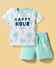 Doodle Poodle 100% Cotton Single Jersey Knit Half Sleeves T-Shirt & Shorts Set with Happy Hour Print - White & Aqua Blue