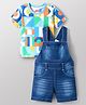 Babyhug Single Jersey Knit Half Sleeves Printed T-Shirt with Denim Dungaree - Blue & Sea Green
