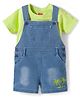 Babyhug Single Jersey Knit Half Sleeves Text Printed T-Shirt & Denim Dungaree with Tree Embroidery - Limegreen  & Blue