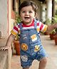 Babyhug Single Jersey Knit Half Sleeves Striped T-Shirt & Denim Dungaree with Animal Patch - Blue Red & Yellow