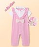 Mark & Mia Cotton Knit Half Sleeves Solid Dungaree Style Onesie With Headband - Pink