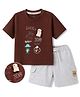 Mark & Mia Cotton Knit Half Sleevs Over Sized T-Shirt & Shorts Set with Bear Print & Applique - Brown